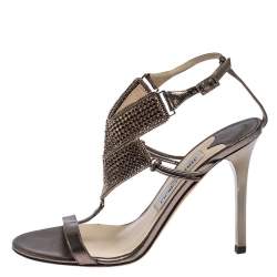 Jimmy Choo Metallic Bronze Leather Crystal Embellished Ankle Strap Sandals Size 36.5