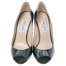 Jimmy Choo Dark Green Leather Baxen Peep Toe Wedge Pumps 38.5