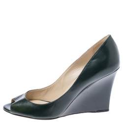 Jimmy Choo Dark Green Leather Baxen Peep Toe Wedge Pumps 38.5