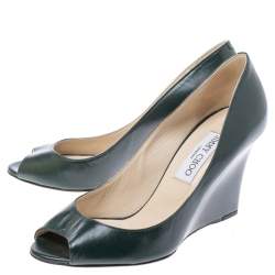 Jimmy Choo Dark Green Leather Baxen Peep Toe Wedge Pumps 38.5