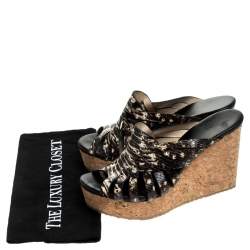 Pre Owned Jimmy Choo Brown/White Snake Print Perfume Cork Wedge Slides Size 40