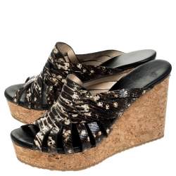 Pre Owned Jimmy Choo Brown/White Snake Print Perfume Cork Wedge Slides Size 40