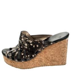 Pre Owned Jimmy Choo Brown/White Snake Print Perfume Cork Wedge Slides Size 40
