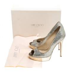 Pre Owned Jimmy Choo Metallic Glitter Fabric Dahlia Peep Toe Platform Pumps Size 37