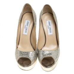 Pre Owned Jimmy Choo Metallic Glitter Fabric Dahlia Peep Toe Platform Pumps Size 37