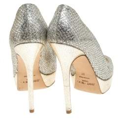 Pre Owned Jimmy Choo Metallic Glitter Fabric Dahlia Peep Toe Platform Pumps Size 37