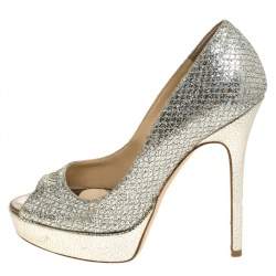 Pre Owned Jimmy Choo Metallic Glitter Fabric Dahlia Peep Toe Platform Pumps Size 37