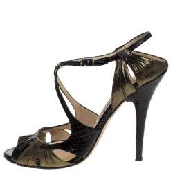 Jimmy Choo Black Python Leather And Glitter Suede Strappy Sandals Size 38