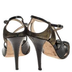 Pre Owned صندل جيمي تشو طراز سيور سويدي غليتر و جلد ثعبان أسود مقاس 38