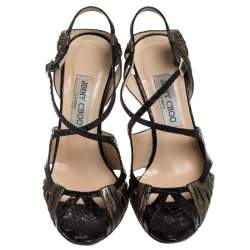 Pre Owned صندل جيمي تشو طراز سيور سويدي غليتر و جلد ثعبان أسود مقاس 38