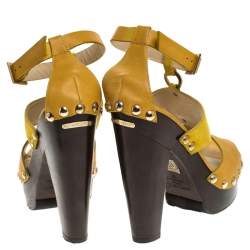 Pre Owned Jimmy Choo Yellow Suede And Leather Cut Out Platform Ankle Strap Sandals Size 37