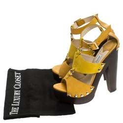 Pre Owned Jimmy Choo Yellow Suede And Leather Cut Out Platform Ankle Strap Sandals Size 37