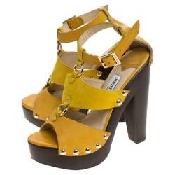 Pre Owned Jimmy Choo Yellow Suede And Leather Cut Out Platform Ankle Strap Sandals Size 37