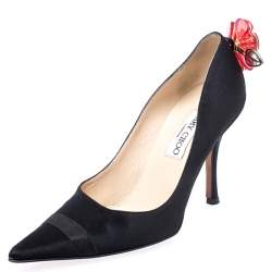 Jimmy Choo Black Satin Plastic Flower Clip Pointed Toe Pumps Size 37