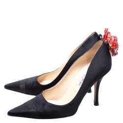 Jimmy Choo Black Satin Plastic Flower Clip Pointed Toe Pumps Size 37