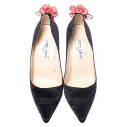 Jimmy Choo Black Satin Plastic Flower Clip Pointed Toe Pumps Size 37