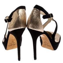 مملوكة مسبقًا حذاء كعب عالي جيمي تشو نعل سميك سيور كاحل مقدمة مستديرة قماش غليتر ذهبي وسويدي أسود مقاس 40