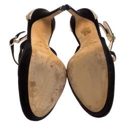 مملوكة مسبقًا حذاء كعب عالي جيمي تشو نعل سميك سيور كاحل مقدمة مستديرة قماش غليتر ذهبي وسويدي أسود مقاس 40