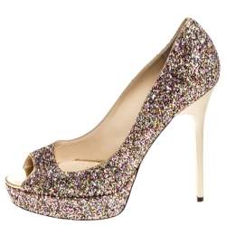 Pre Owned Jimmy Choo Multicolor Glitter Crown Peep Toe Pumps Size 38