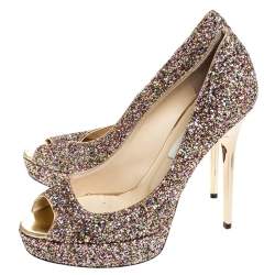 Pre Owned Jimmy Choo Multicolor Glitter Crown Peep Toe Pumps Size 38