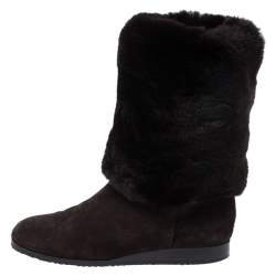 مملوكة مسبقًا Jimmy Choo Brown Suede And Rabbit Fur Mid Calf Flat Boots Size 42