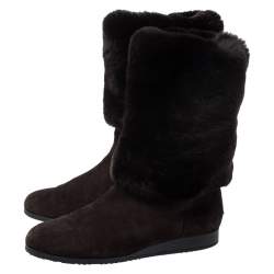 مملوكة مسبقًا Jimmy Choo Brown Suede And Rabbit Fur Mid Calf Flat Boots Size 42