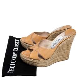 Pre Owned  Jimmy Choo Cream Patent Leather Phyllis Espadrilles Platform Wedges Sandals Size 37