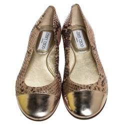Pre Owned Jimmy Choo Beige/Gold Snake Embossed Leather Cap Toe Ballet Flats Size 36