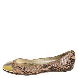 Pre Owned Jimmy Choo Beige/Gold Snake Embossed Leather Cap Toe Ballet Flats Size 36