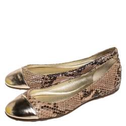 Pre Owned Jimmy Choo Beige/Gold Snake Embossed Leather Cap Toe Ballet Flats Size 36