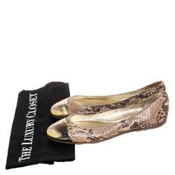 Pre Owned Jimmy Choo Beige/Gold Snake Embossed Leather Cap Toe Ballet Flats Size 36
