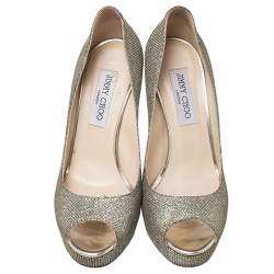 مملوكة مسبقًا حذاء كعب عالي جيمي تشو نعل سميك مقدمة مفتوحة دهليا ذهبي ميتالك مقاس 38