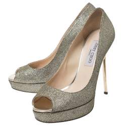 مملوكة مسبقًا حذاء كعب عالي جيمي تشو نعل سميك مقدمة مفتوحة دهليا ذهبي ميتالك مقاس 38