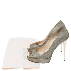 مملوكة مسبقًا حذاء كعب عالي جيمي تشو نعل سميك مقدمة مفتوحة دهليا ذهبي ميتالك مقاس 38