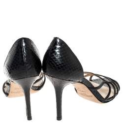 Pre Owned Jimmy Choo Black Python Leather And Glitter Suede Straits Strappy Sandals Size 37