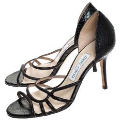 Pre Owned Jimmy Choo Black Python Leather And Glitter Suede Straits Strappy Sandals Size 37