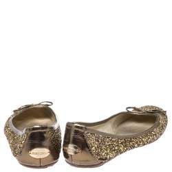 Pre Owned Jimmy Choo Gold Coarse Glitter Fabric Walsh Bow Ballet Flats Size 37.5