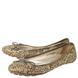 Pre Owned Jimmy Choo Gold Coarse Glitter Fabric Walsh Bow Ballet Flats Size 37.5