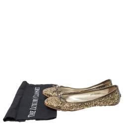 Pre Owned Jimmy Choo Gold Coarse Glitter Fabric Walsh Bow Ballet Flats Size 37.5