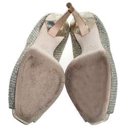 Pre Owned Jimmy Choo Silver Glitter Fabric Luna Peep Toe Platform Pumps Size 36.5