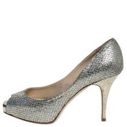 Pre Owned Jimmy Choo Silver Glitter Fabric Luna Peep Toe Platform Pumps Size 36.5