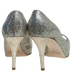 Pre Owned Jimmy Choo Silver Glitter Fabric Luna Peep Toe Platform Pumps Size 36.5