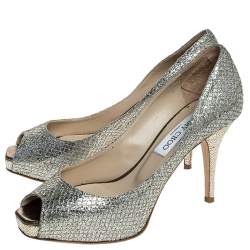 Pre Owned Jimmy Choo Silver Glitter Fabric Luna Peep Toe Platform Pumps Size 36.5
