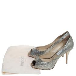 Pre Owned Jimmy Choo Silver Glitter Fabric Luna Peep Toe Platform Pumps Size 36.5