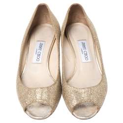 Pre Owned Jimmy Choo Gold Glitter Fabric Bergen Peep Toe Wedges Size 40