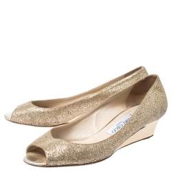 Pre Owned Jimmy Choo Gold Glitter Fabric Bergen Peep Toe Wedges Size 40