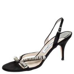 Pre Owned صندل جيمي تشو فتحة كعب و مقدمة مفتوحة و مزخرف كريستال ساتان أسود مقاس 38