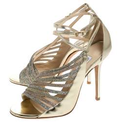 Pre Owned Jimmy Choo Gold Asymmetric Mirror Leather and Glitter Lame Fabric Florry Strappy Sandals Size 37