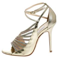 Pre Owned Jimmy Choo Gold Asymmetric Mirror Leather and Glitter Lame Fabric Florry Strappy Sandals Size 37