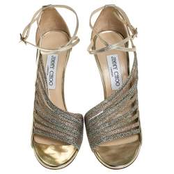 Pre Owned Jimmy Choo Gold Asymmetric Mirror Leather and Glitter Lame Fabric Florry Strappy Sandals Size 37